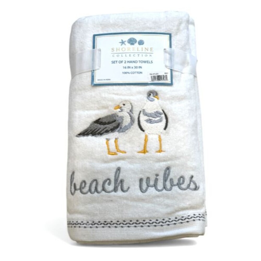 Shoreline Seagulls Beach Vibes Hand Towels Embroidered Bathroom Summer Set of 2